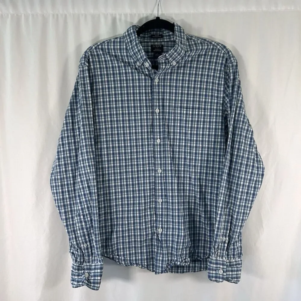 J. Crew Flex Washed Shirt Men's Large Blue Plaid Button Up Long Sleeve Slim